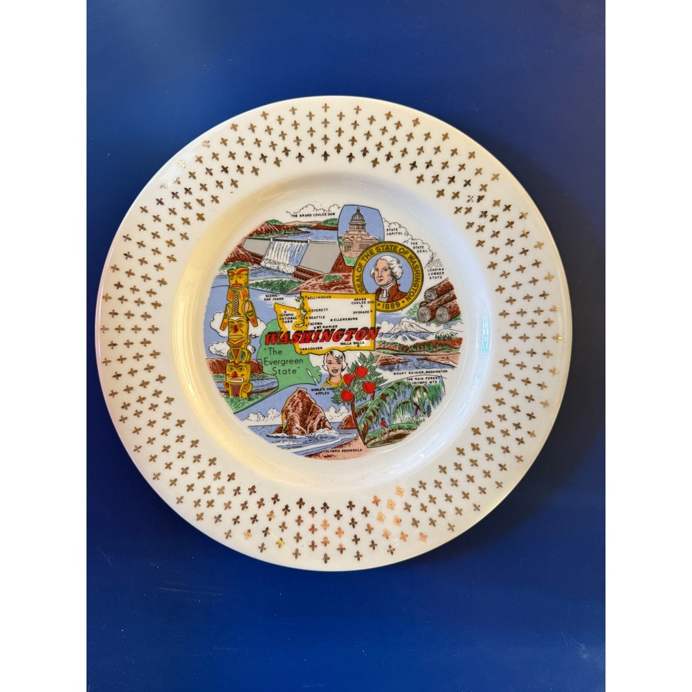 Washington State Souvenir Plate Decorative‎ Gold Trim Collectible Display